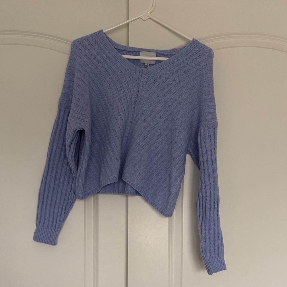 Pink Rose V-Neck Sweater in Soft Blue
